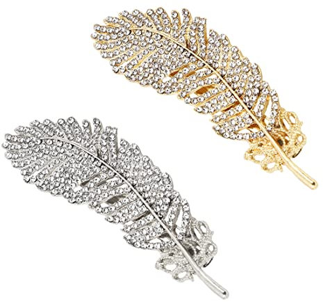 LEEQBCR 2pcs clips pelo brillante, metal horquillas pelo plumas con pedrería, orquillas pelo elegantes, delicado tocado adornos accesorios pelo para mujer,boda, novia y invitada (plata, dorado)
