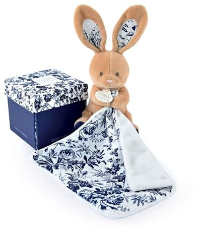 Doudou et Compagnie - Doudou Lapin Pantin Marine Marron avec Mouchoir - Collection Boh'aime - 12 cm - Jolie Boîte Cadeau Souvenir - Idée Cadeau Naissance Bébé - Garantie Doudou Perdu - DC4016