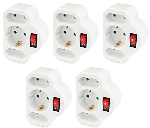 5x Steckdosenadapter 3-fach | 1x Schutzkontaktbuchse + 2x Euro-Buchse | Steckdosenschalter | schaltbare Steckdose | beleuchteter Schalter | Sicherheitsschalter | Zwischensteckdose | 5 Stück