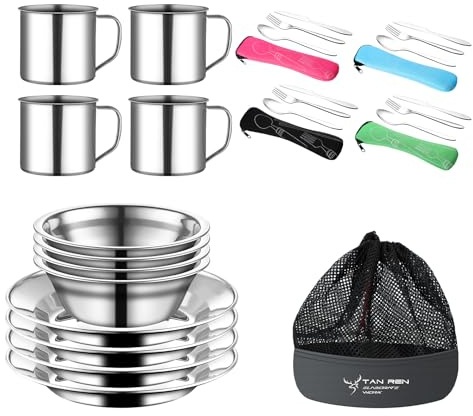 TAN REN Set di Stoviglie da Campeggio per 4 Persona,Acciaio Stoviglie da Campeggio Inox con Piatto Ciotola Tazza Posate Rete Borsa, Portatile Set di Stoviglie, Estivo Campo Picnici