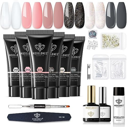Modelones Polygel startset, 6 färger glitter svart klar naken polygel set med bas top coat slip solution poly naglar Quick Extension Builder Gel manikyrset för gelnaglar gör det själv