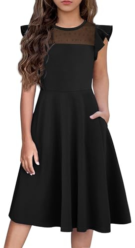 Arshiner Girls Dress Summer Ruffle Sleeve Mesh A Line Casual Party Dresses with Pockets 6-13 Years