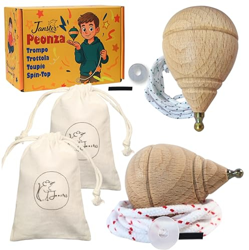 Janster Peonzas Niños + Cuerda Peonza + Arandelas + Bolsas | Peonza Madera Set | Trompo de Madera Tradicional | Regalo Navidad Originales | Juguetes educativos 6 años (2 TROMPITOS Punta Redonda)