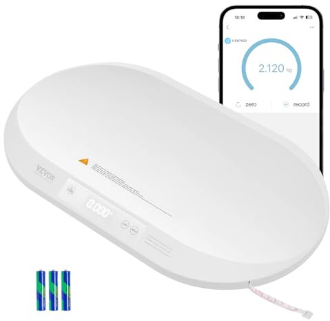 VEVOR Babywaage, intelligente Bluetooth-Säuglingswaage mit Maßband, Kleinkindwaage zur Gewichts- & Größenverfolgung – mit Hold-& Tara-Funktion, 5 Einheiten für Babys, Haustiere, 40 kg Tragkraft