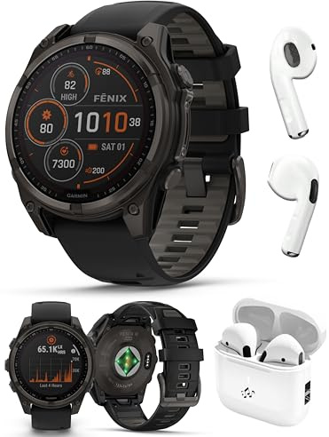 PlayBetter Garmin Fenix 8 Solar Sapphire (47mm, Carbon Gray DLC Titanium) Multisport GPS Smartwatch Bundle - 1.4” Touchscreen, Built-in LED Flashlight Wireless Running Earbuds