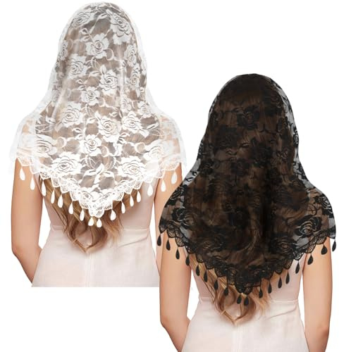 loghohu 2 Pcs Mantilla Veil,Triangle Scarf with Tassels Shoulder Length Lace Cathedral Veil for Christian Prayer Women Bridal Wedding Veils (Black+White)