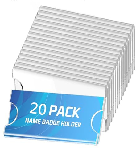 MEISO 20 placas para nombre, etiquetas para nombre, transparentes, 70 x 30 mm, con broche, insignia para ropa, clip para ropa, identificación, etiquetado