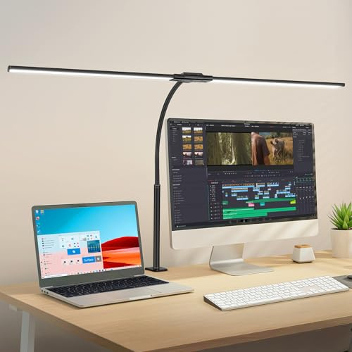OUTON Lámpara de Escritorio LED 85,5 cm de Doble Cabezal – 24W, Control Táctil, Regulable sin Escalones, 5 Tonos de Color, Temporizador y Memoria, Luz Día Antifatiga para Oficina y Pantalla (Negro)