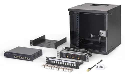 DIGITUS 10-tums nätverkssats - 6U nätverksskåp - hylla - uttagslist - 8-portars switch - 12-portars patchpanel - 12 keystone-moduler - 10 patchkablar - SOHO Pro - svart