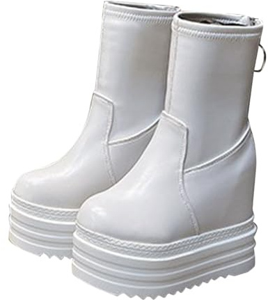 Generisch Botines para mujer, color negro, de piel de caña ancha, botas cortas de invierno, con plataforma, antideslizantes, con cremallera, talla grande, corte ajustado, tacón de cuña, Blanco, 38 EU
