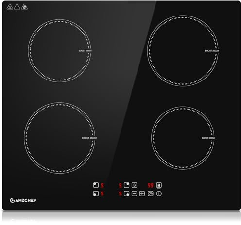 AMZCHEF Piastra a Induzione 60cm, Piano Induzione 4 Fuochi con 9 Livelli di Potenza e Boost, Blocco di Sicurezza e Timer, Protezione dal Surriscaldamento, Schermo Tattile LED, Incasso, 7400W