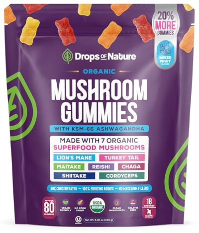 Drops Of Nature Lions Mane & Ashwagandha Gummies – Turkey Tail, Maitake, Reishi, Chaga, Shiitake, Cordyceps – Organic, Low Carb Superfood Gummies – 8 in 1 Mushroom Blend (Mixed Fruit, 80 Gummy Bears)