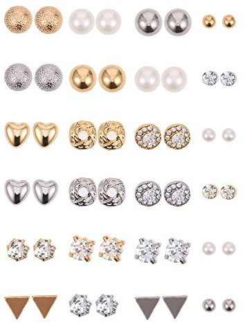 BBTO 24 Pairs Stud Earrings Crystal Pearl Earring Set Ear Stud Jewelry for Women Men(Sliver, Gold)