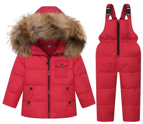 Tuta da Sci Bambino Piumino con Cappuccio + Pantaloni da Sci, 2 Pezzi Tuta da Neve Snowsuit Caldo Invernale Salopette Giacca Cappotto Pantaloni da Neve, Rosso 2-3 Anni
