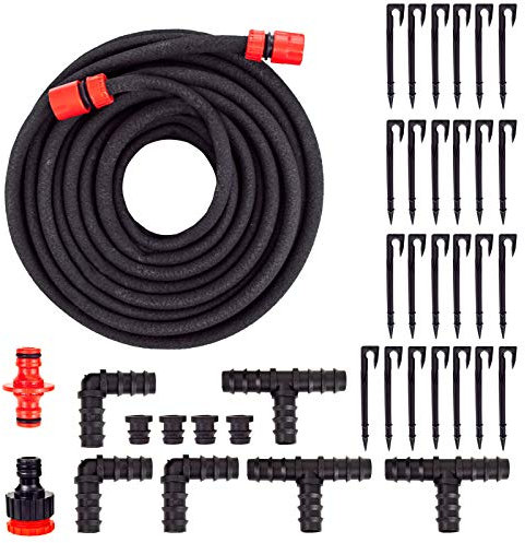 Grafner 30 Meter Perlschlauch Starter-Set, 28 teilig mit Erdanker, Eckverbinder, T-Verbinder, Endstopfen und Klickanschlüssen, wassersparend Bewässerungsschlauch Tropfschlauch