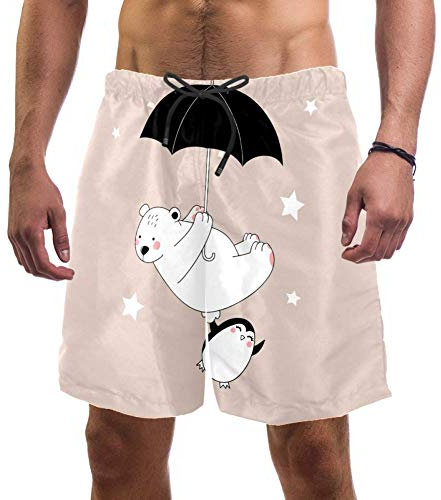 Eslifey Herren Strandshorts Bär und Pinguin fliegender mit Regenschirm Badehose Elastische Badehose Boardshorts für Herren Gr. XXL, multi