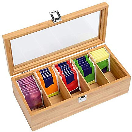 CMOISO Tea Box Bamboo, 5-Compartment Multifunctional Wooden Tea Storage Box with Transparent Lid (30x10x9cm)
