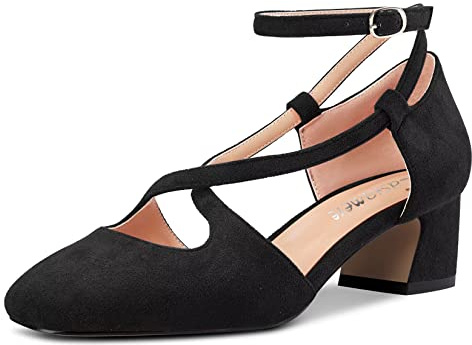 Castamere Femmes Mi Bloc Chunky Talon Heel Carré Bout Lanières Croisées Escarpins Party Cute Chaussures Noir Suède 35 EU