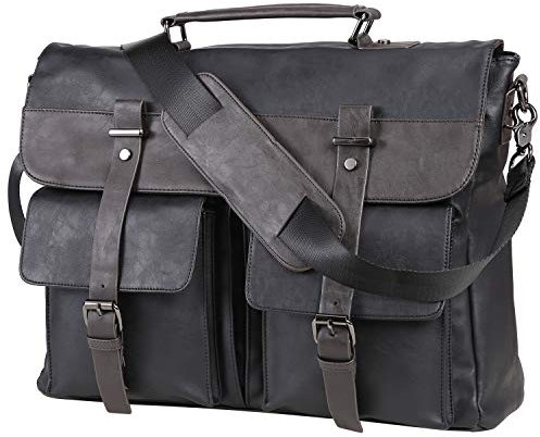 seyfocnia Leder-Kuriertasche für Herren, 39,6 cm (15,6 Zoll), Vintage-Stil, Laptoptasche, wasserabweisend, für Geschäftsreisen, Aktentasche, Arbeitstasche, Computertasche, Schwarz