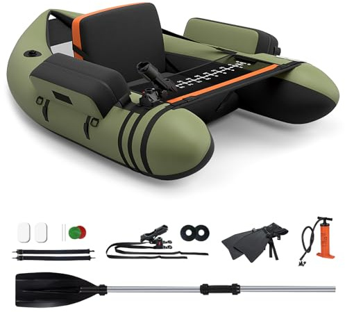 GYMAX Bateau de Pêche Gonflable Portable, Flotteur de Pêche Simple avec Pompe, Bretelles Réglables, Pagaie, Poches de Rangement, Règle à Poisson, Porte-Canne, Palmes (Vert)