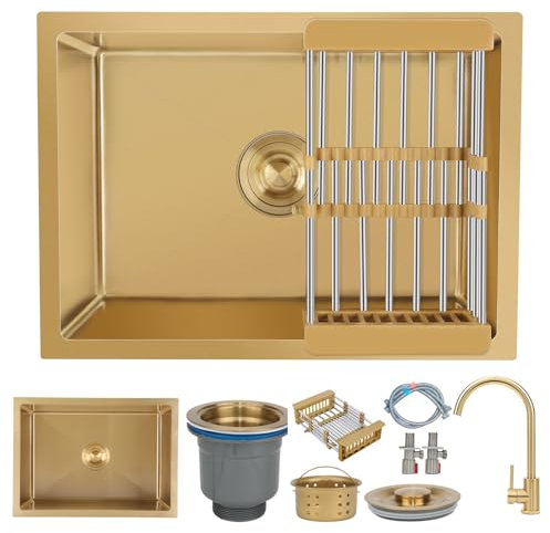 KOOGIMDDR Évier de préparation doré de 55 x 40 cm avec robinet en acier inoxydable sous plan de cuisine multifonctionnel à cuve unique avec vidange dorée et composants de montage, avec panier de