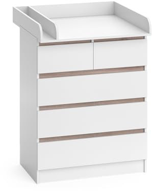 Vicco Wickelkommode Emma, Wickelaufsatz für die Kommode, Weiß/Sonoma, 80 x 110.2 cm mit 5 Schubladen