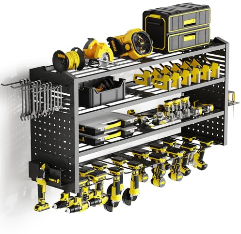Tomorotec 4 Layers Wall-Mounted Power Tool Storage Rack for Drill, Toolbox & Accessories, Heavy-Duty Steel Organizer with Side Hooks and Adjustable Shelves, Easy Installation Garage (Black)
