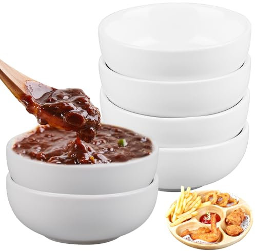 WIYETY Cuencos de cerámica para salsa, 6 unidades, 90 ml, mini cuencos redondos para salsas, 8 cm, para sushi, salsa, salsas, postres, aperitivos, color blanco, 9 x 4 cm