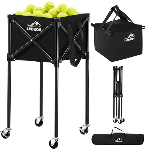 Ladkou Extra Large Tennis Ball Hopper, Holds 200 Balls, Foldable Tennis Ball Basket with Wheels & Removable Bag, Lightweight Pickleball Caddy Cart for Baseball/Softball, for Training/Teaching, Black
