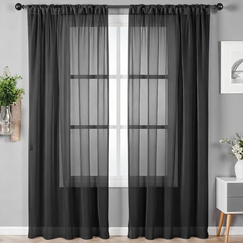 Alaoo Set of 2 Voile Curtains, 56 x 79 Inches Black Net Curtains Woven Eyelet Voile Sheer Panels Semi Transparent Window Treatment for Kitcken Living Room Bedroom