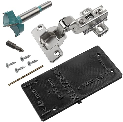 AERZETIX - Set med 4 dolda gångjärn för infällda dörrar 110° med borrmall Ø35 mm + forstnerborr Ø35 mm + träborr Ø2.5 mm + 16 skruvar Ø3.5x16 mm och bit 1/4 PZ2