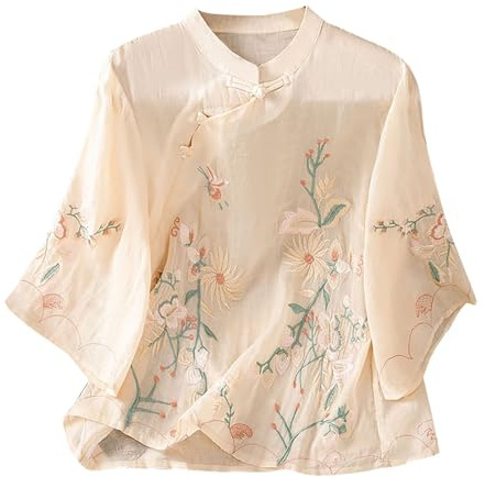 Linen Shirts Women Linen Tops for Women UK Lightweight Summer Floral Embroidered Shirt Vintage Elegant Boho Style Blouses Shirts 3/4 Sleeve Comfortable Womens Blouses