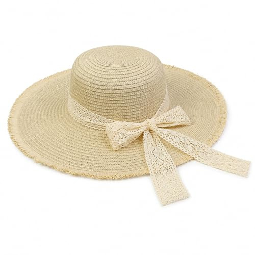 GEEKPC Ladies Wide Brim Straw Hat with Adjustable Drawstring & Chin Cord - Breathable Foldable Sun Hat UPF80+ for Beach, Travel, Hiking, Picnics & Daily Outdoor Activities & Outdoor Wedding (Beige)