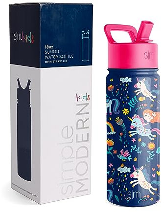 Simple Modern Trinkflasche Kinder mit Strohhalm | Sport Isolierte Edelstahl-Kindertrinkflasche für Kleinkinder Jungen und Mädchen | Summit | 530ml | Unicorn Rainbows