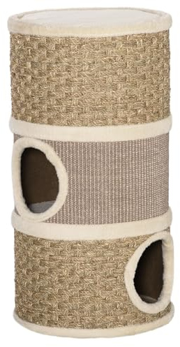 PawHut Barril Rascador para Gatos de 3 Niveles, Altura 70 cm, Torre para Gatos con Cama, Cubierto de Sisal, Árbol Rascador, Ø37,5x70 cm, Caqui y Café