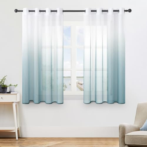 MRTREES Voile Gardinen Farbverlauf Leinenoptik Transparent Vorhang Kurz Tüllvorhang mit Ösen in Graublau Weiß Verlauf 145×140cm (H×B) Modern für Kinderzimmer Wohnzimmer Schlafzimmer 2er