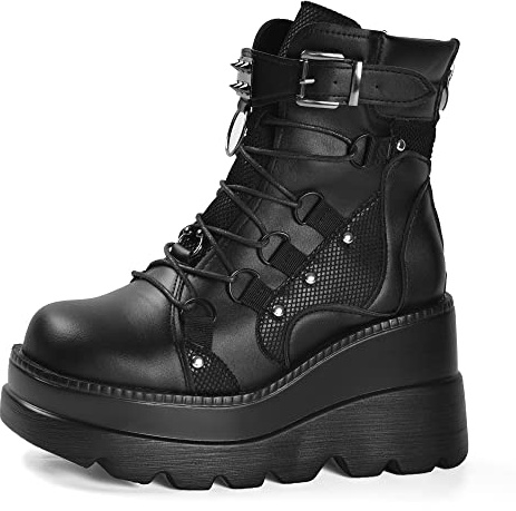Gothniero Women Black Platform Boots Chunky Heel Combat Ankle Goth Rave Motorcycle Booties with Buckles Side zip Rounds toe Size UK3-UK8