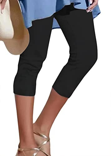 ORANDESIGNE Pantalon Capri Femme été Pantalon Stretch Maigre Taille Haute 3/4 Longueur Leggings Capri Leggings Courts Collants Souples Pantalons Décontractés A Noir XL