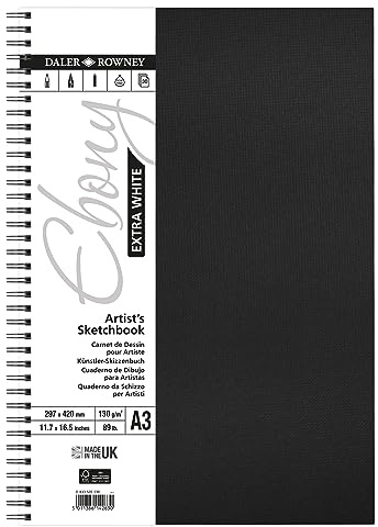 Daler-Rowney Extra White Ebony 130gsm A3 Portrait Sketchbook, Spiralbound, 30 White Sheets, For Professional Artists & Students
