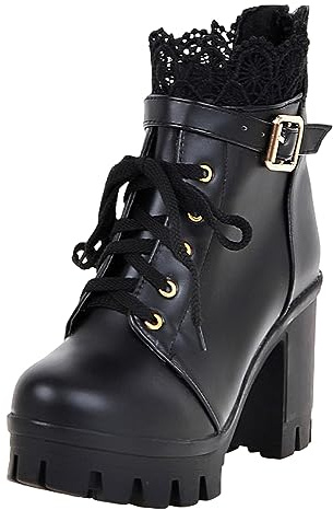 rismart Botín Mujer Bota de Tobillo Cremallera Correa con Hebilla Moda Zapatos de Plataforma Negro,38