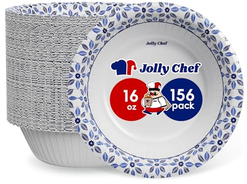 JOLLY CHEF 16 oz Paper Bowls 156 Count Soak Proof, Heavy Duty Printed Disposable Small Bowls Bulk for Dinner or Thanksgiving