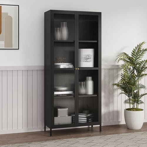 [en.casa] Vitrinenschrank Säkylä Bücherschrank mit 4 Ablagen 180 x 80 x 35 cm Küchenschrank mit 2 Türen Mehrzweckschrank Vitrine Metallschrank Schwarz