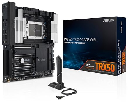 ASUS Pro WS TRX50-SAGE WIFI CEB Workstation motherboard, AMD Ryzen Threadripper PRO 7000 WX,ECC R-DIMM DDR5, 36 power-stage, WiFi 7,PCIe 5.0 x 16,PCIe 5.0 M.2, 10 Gb and 2.5 Gb LAN, multi-GPU support.