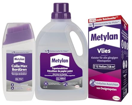 Metylan Vlies, Tapetenkleister für Vliestapeten (1x360g) & Metylan Bordüren Klebstoff (1x250g) & Metylan Tapetenablöser Aktiv-Konzentrat, löst schnell und problemlos (1x 1l)