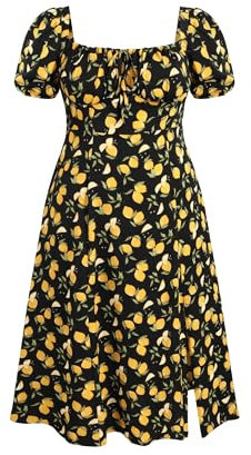 CIDER Midi Dress Summer Dresses for Women 2024 Plus Size Summer Dresses Fruit Square Neck Puff Sleeve Midi Dress Curve & Plus, Black, 2X