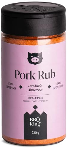 BBQ KING - Pork Rub Confezione da 220 Gr, Dry Rub Bbq per Maiale Ideale per Barbecue e Grill, Set Spezie Cucina 100% Made in Italy, Miscela di Spezie per Carni di Maiale, Agnello o Verdure
