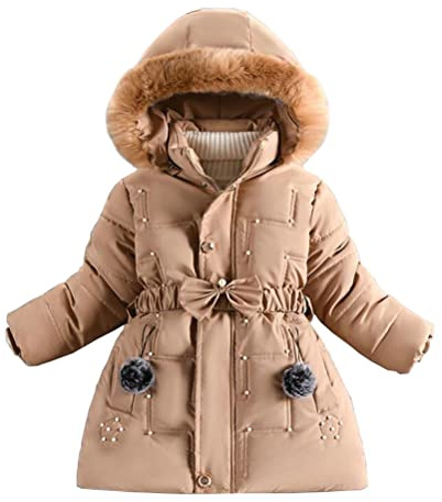 Nemopter - Piumino invernale da ragazza principessa, cappotto invernale autunnale, medio lungo, spesso, parka con cappuccio in pelliccia, cachi., 4-5 Anni