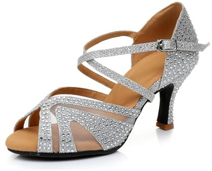 MINITOO Zapatos de baile latinos salsa para mujer, sandalias de noche con diamantes de imitación, Z2203 Plata 7 5 cm Tacón, 38.5 EU
