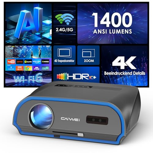 Smart Beamer 4K Heimkino Gaming, LED Android TV Projektor mit Apps WLAN Bluetooth HDMI, LCD Video 4K Beamer Tageslicht Tauglich 1580 ANSI Lumen, 4D Trapezkorrektur Decke Full HD 1080P Native HDMI