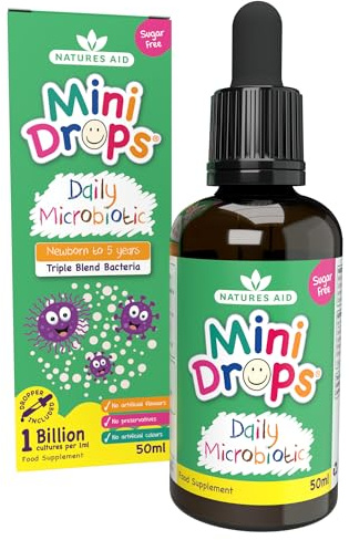 Natures Aid Mini Drops Daily Microbiotic 50ml Liquid Drops – Gentle Gut Bacteria Support for Babies & Toddlers 0-5 Years, 1 Billion CFU Live Cultures Per Serving - Sugar-Free, Gluten-Free, Dairy-Free